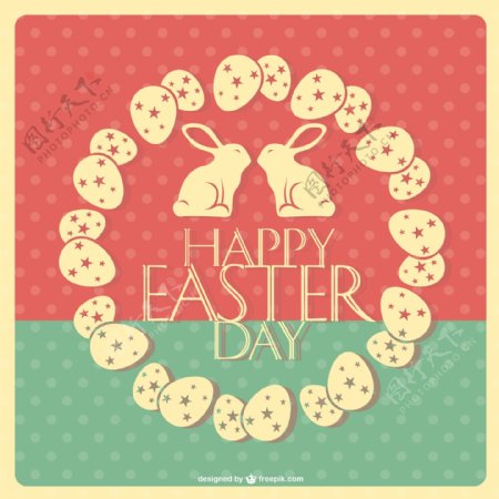 复古快乐复活节卡片与鸡蛋在一个圆圈和两只兔子接吻
