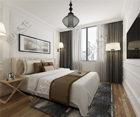 欧式简约卧室大床窗户设计图