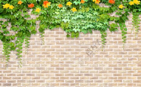 砖墙绿色花卉背景