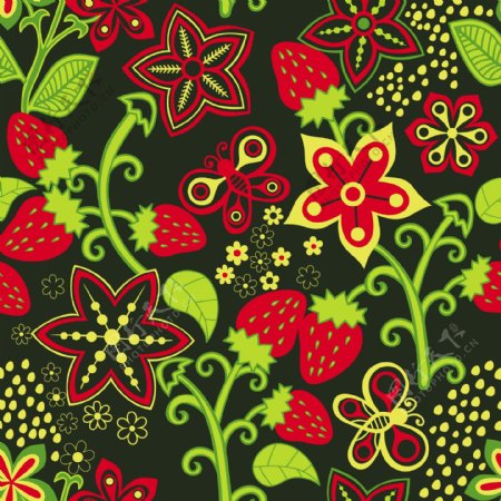 花的无缝纹理与草莓