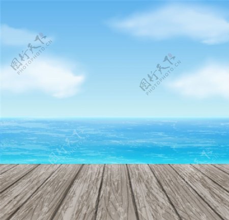 木桥与海天一色风景矢量图