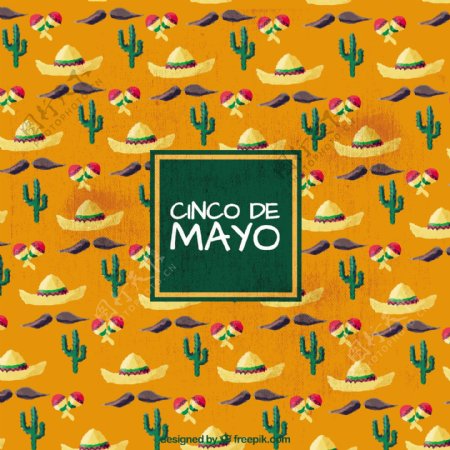 CincodeMayo的背景与墨西哥帽子和仙人掌
