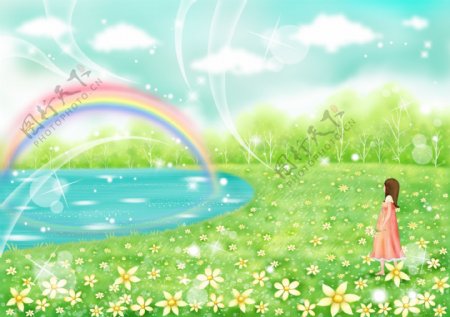 女孩在湖边看彩虹水彩风格