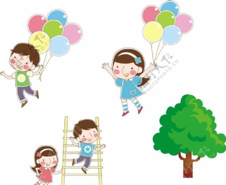 卡通儿童气球树木