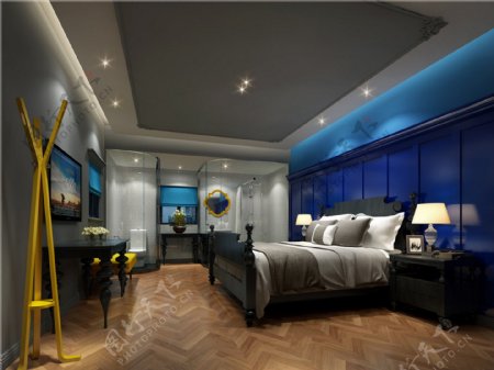 欧式蓝色卧室大床背景墙设计图