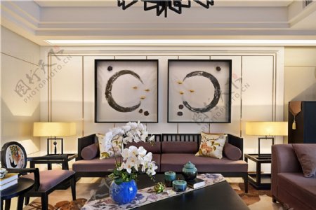 新中式简约客厅沙发背景墙设计图