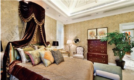 美式时尚卧室大床背景墙设计图