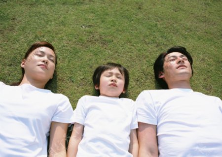 躺在草坪上的一家三口图片