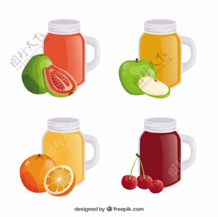 四个写实风格的容器与果汁插图
