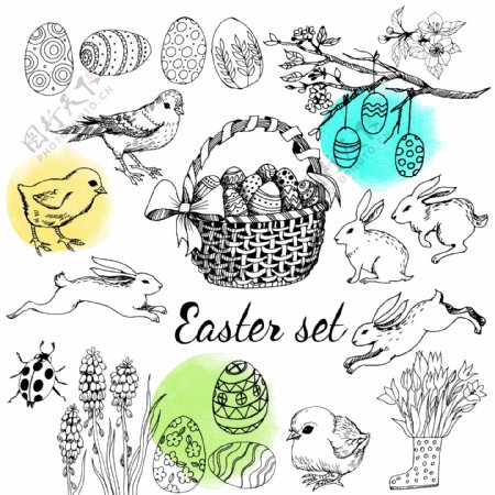 复活节动物与彩蛋插画