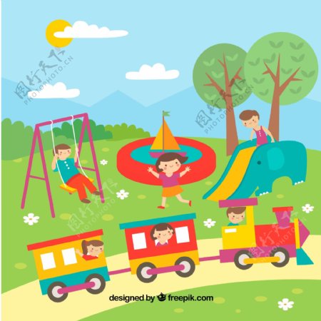 公园里孩子们玩耍的彩色场景