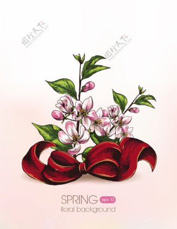 花卉矢量插画与樱桃树枝和弓