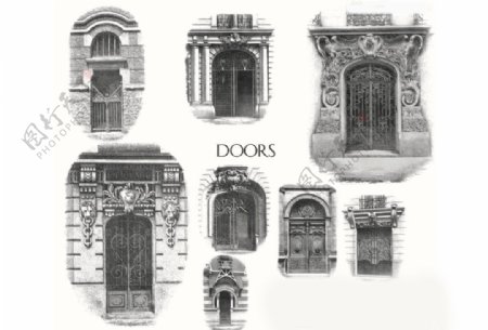 欧式复古的铁门和窗户笔刷