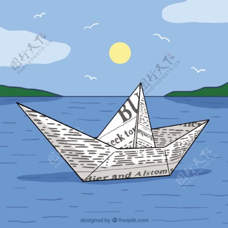 海上风景背景和纸船