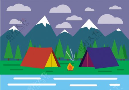 免费平面设计带帐篷景观矢量图