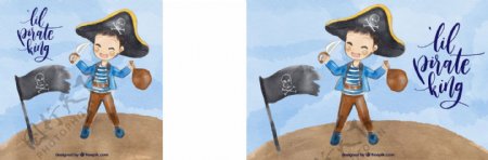 水彩儿童背景与国旗的海盗