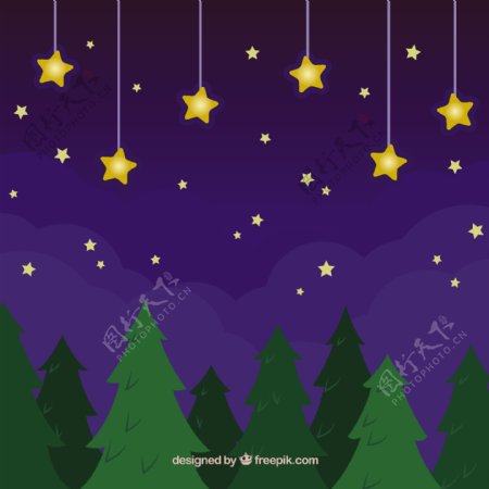 夜晚的金色星星和树