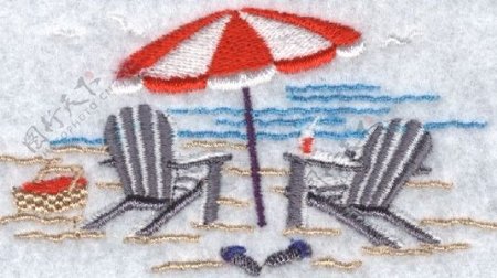 绣花海滩靠椅遮阳伞篮子免费素材
