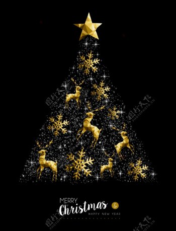 圣诞树金色新年装饰雪花铃铛矢量素材