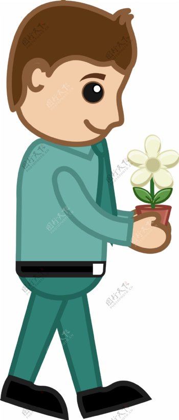 男人拿着一个小小的花卉植物的商业载体