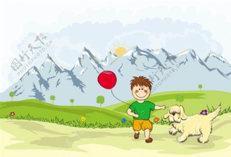 有趣的孩子玩在山边的一只狗