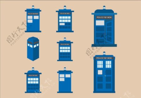 TARDIS的蓝色电话亭的矢量平面插画设计