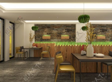 中岛造型原木吧台散台区背景墙绿植