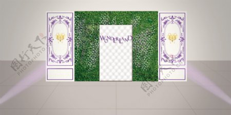 紫色森系叶墙软包婚礼展示迎宾效果图