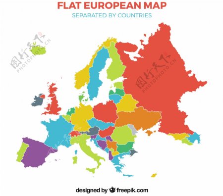 国家分隔的多色平面欧洲地图