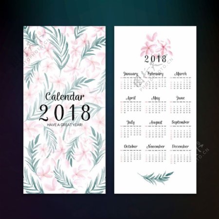 鲜花水彩风格装饰图案2018日历模板