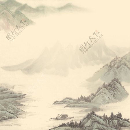 山水背景中国风水墨画渔船
