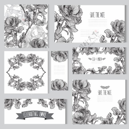 黑白美丽花朵婚礼卡片模板下载