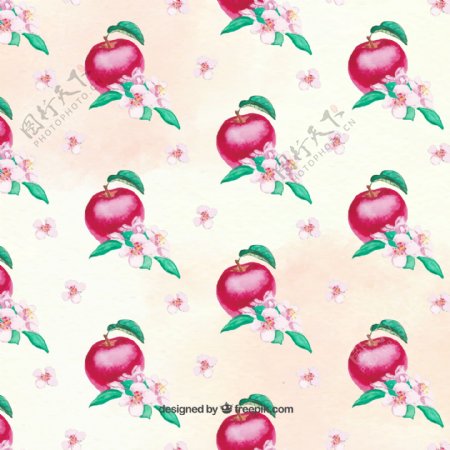 红苹果花的水彩图案