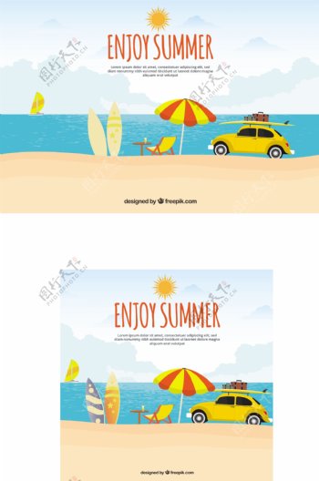 夏日背景沙滩上的黄色轿车
