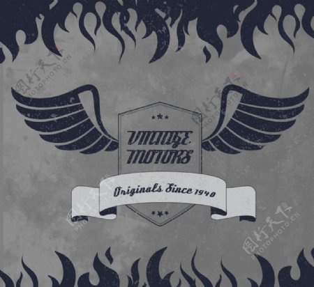 带翅膀和火焰的摩托车徽章的复古背景