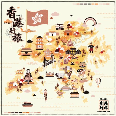 香港手绘旅行扁平风格地图