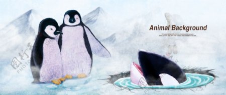 彩铅画效果动物分层背景企鹅