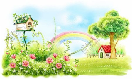 春天风景唯美彩虹插画设计psd素材
