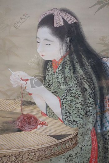 画中正在编织的女子