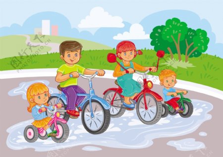 小孩子们在公园里骑自行车