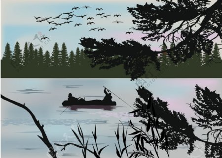 宁静的湖景插画