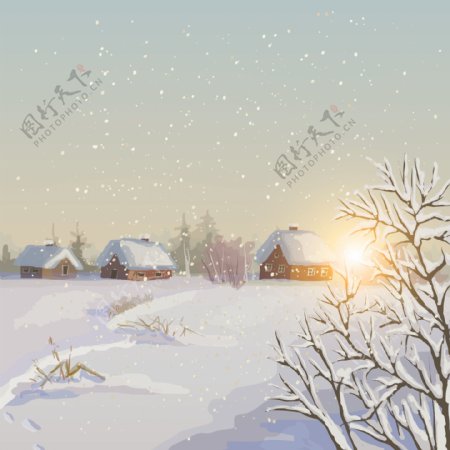 雪地里的村庄插画
