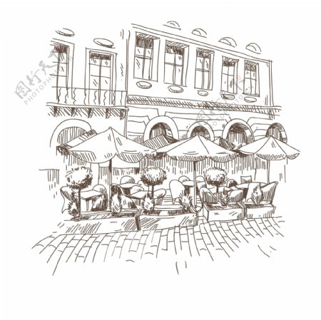 单色手绘咖啡厅建筑插画