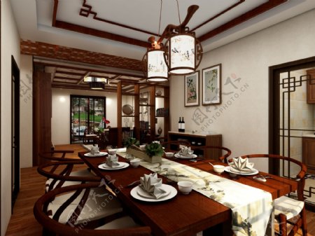 中式实木餐厅吊灯效果图设计