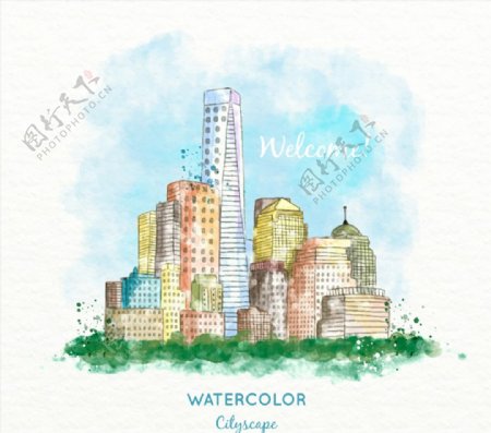 水彩绘城市建筑风景矢量素材