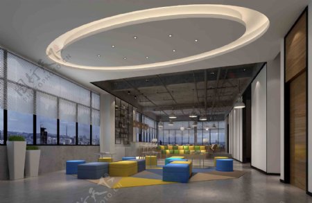 现代创意办公室黄蓝色凳子工装装修效果图