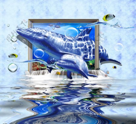 3D立体海豚倒影背景墙