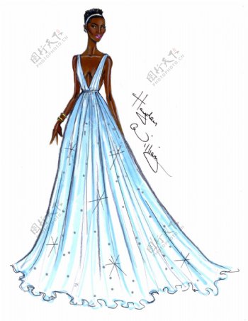 水蓝色彩铅华丽裙摆沙曼婚纱设计效果图