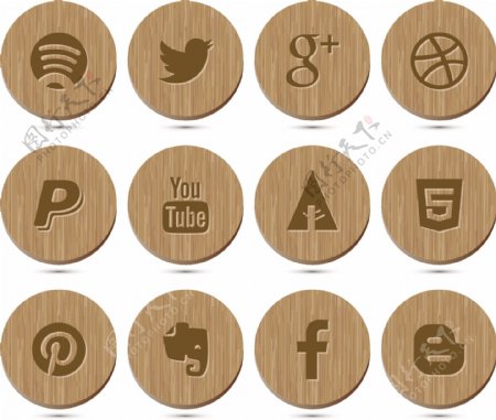 木制风格的社交媒体图标收藏