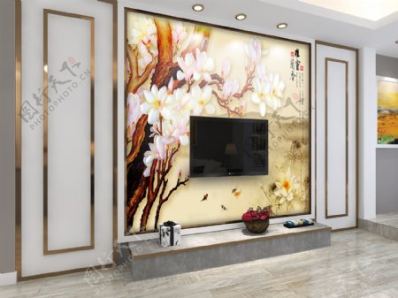 中式现代风格背景墙3D